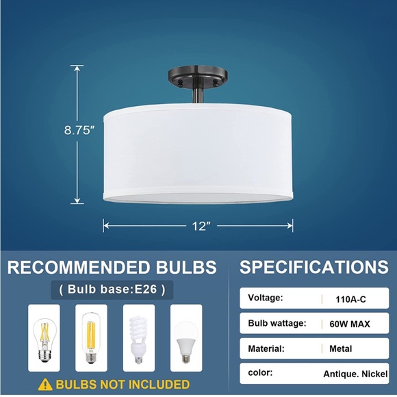 Doraimi Lighting 2 Light 12" Fabric Drum Shade semi
Flush Mount Ceiling Light - Picture 3 of 3